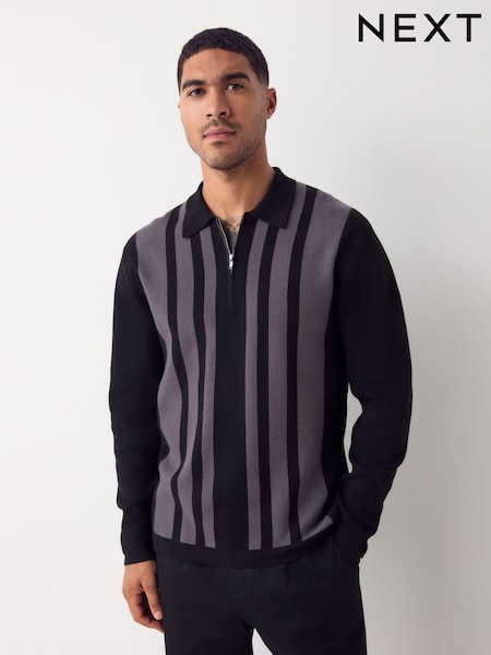 Black Regular Fit Premium Stripe Long Sleeve Knit Quarter Zip Polo Shirt (F67481) | €53