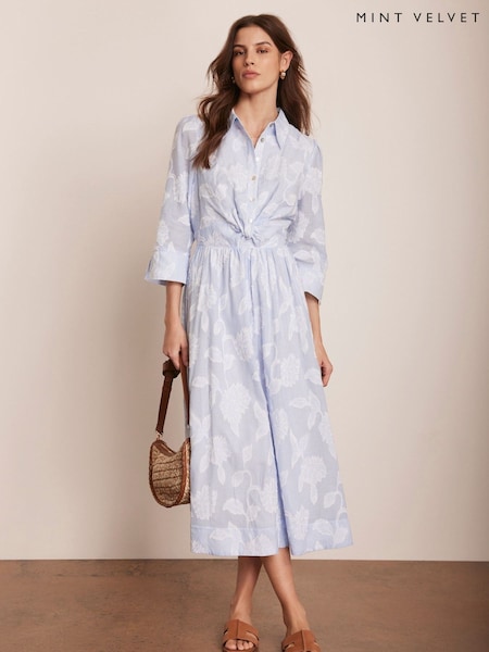 Mint Velvet Blue 100% Cotton Twist Detail Midi Dress (F67493) | €186