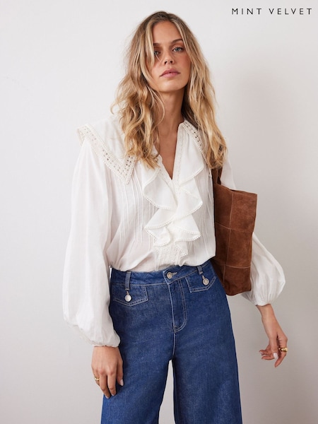 Mint Velvet White 100% Cotton Statement Collar Blouse (F67499) | $173