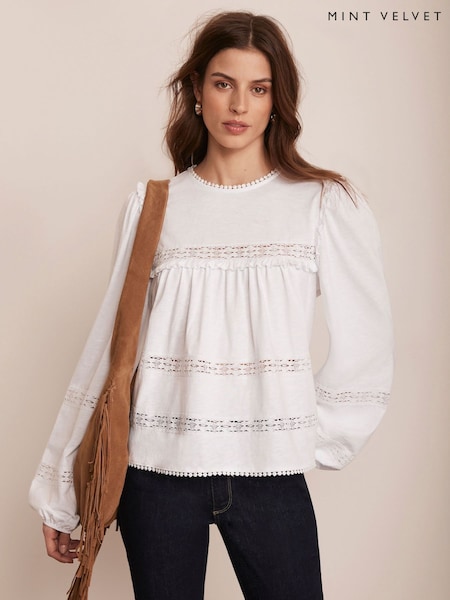 Mint Velvet White 100% Cotton Lace Trim Blouse (F67527) | €87