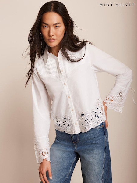 Mint Velvet White 100% Cotton Cut Out Detail Cropped Shirt (F67536) | $156