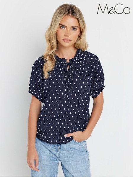 M&Co Blue Petite 100% Cotton Dobby Boho Short Sleeve Top (F67545) | €37