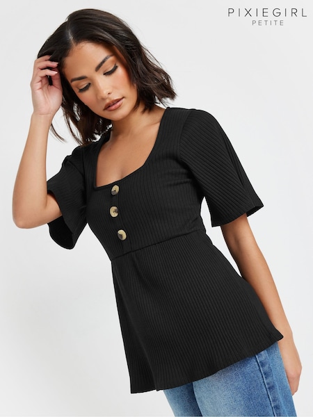 Musta - PixieGirl Petite Smock -nappitoppi, jossa joustinneulos (F67553) | €35