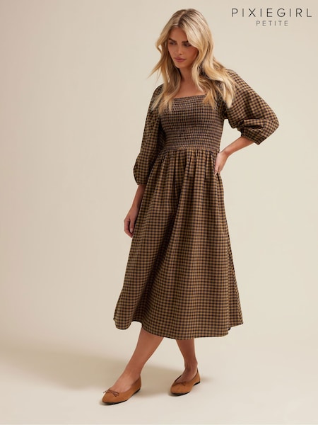 PixieGirl Petite Brown Gingham Puff Sleeve Dress (F67555) | €50