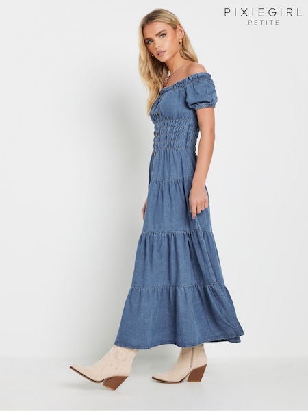 PixieGirl Petite Blue Button Bardot Maxi 100% Cotton Dress (F67558) | ₪226