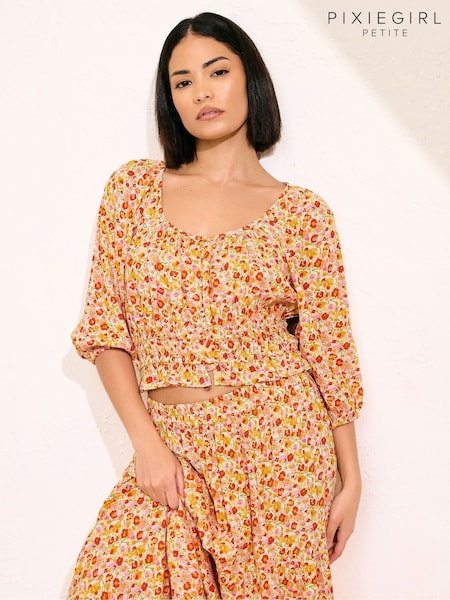 PixieGirl Petite Orange Button Puff 100% Cotton Sleeve Top (F67559) | 1,742 UAH