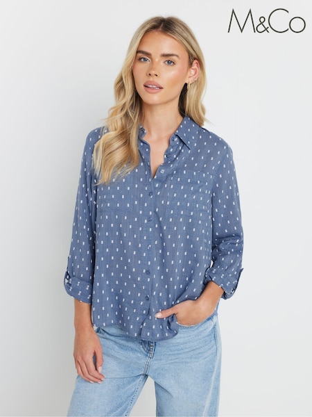 M&Co Blue Petite 100% Cotton Dobby Long Sleeve Shirt (F67566) | €42