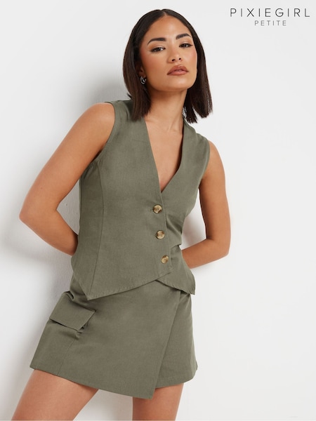PixieGirl Petite Green Asymetric Button 100% Cotton Waistcoat (F67572) | €32