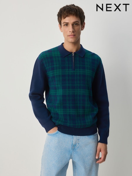 Blue/Green Regular Fit Long Sleeve Knitted Check Quarter Zip Polo Shirt (F67595) | €38