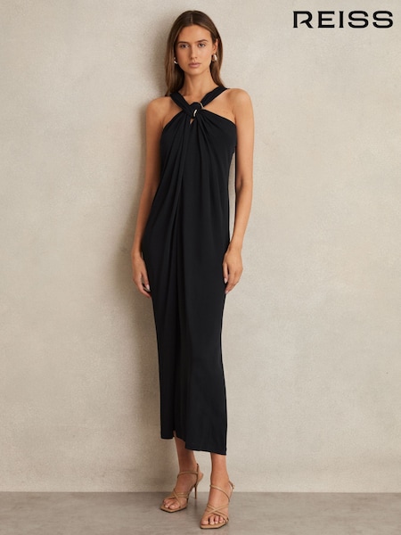 Reiss Navy Eliza Gathered Neck Jersey Midi Dress (F67613) | $357