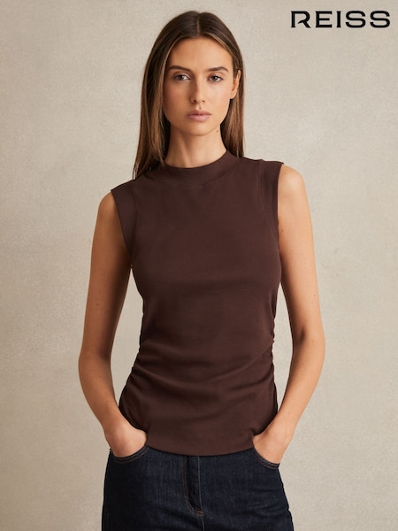 Reiss Chocolate Trudy Ribbed Ruched Waist Vest (F67628) | €61