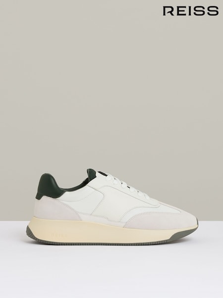 Reiss Off White/Green Emmett Leather Suede Running Trainers (F67634) | ₪1,079