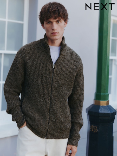 Brown Regular Fit Textured Knit Zip Through Cardigan with Wool (F67667) | 223 QAR