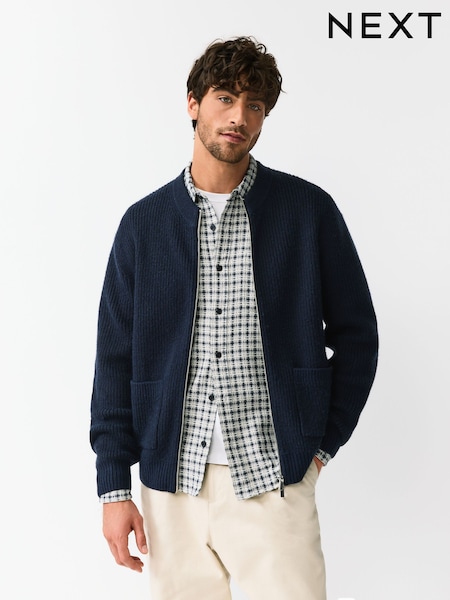 أزرق داكن أزرق - Relaxed Fit Rib Texture Zip Through Cardigan with Wool (F67671) | ‏193 ر.ق.