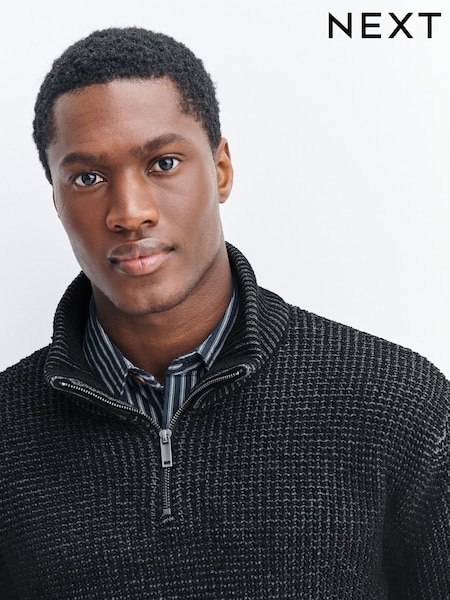 Black Regular Fit Waffle Texture Chenille Zip Neck Jumper (F67687) | €41
