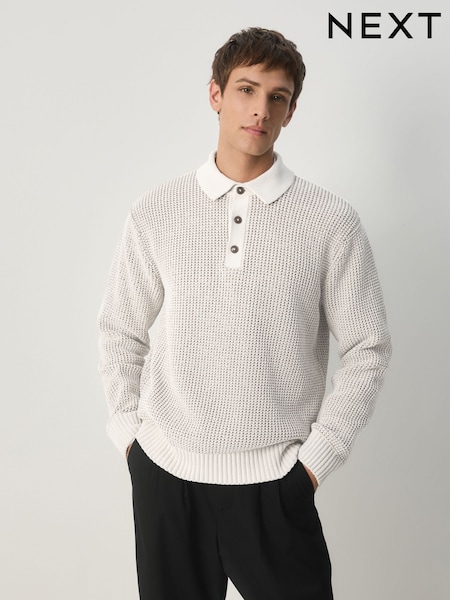 Ecru Relaxed Fit Waffle Textured Chenille Knitted Polo Shirt (F67692) | €41