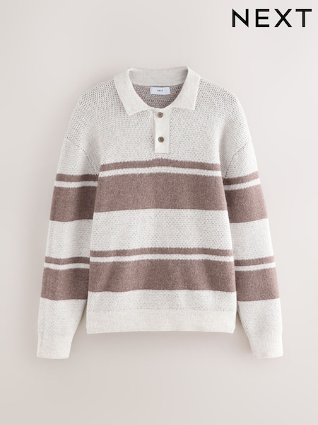 Neutral Relaxed Fit Striped Knitted Rugby Shirt with Wool (F67728) | 208 QAR