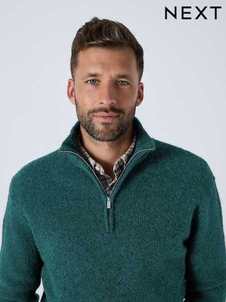 Teal Blue Regular Fit Soufflé Rib Texture Quarter Zip Neck Jumper with Wool (F67813) | €43