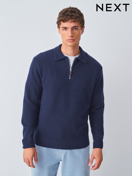 Navy Blue Zip Neck Regular Fit Cosy Knit Polo Shirt with Wool (F67838) | R$ 285