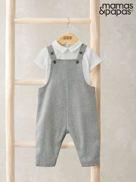 Mamas & Papas Grey Herringbone Dungaree And Bodysuit Set (F67867) | €47
