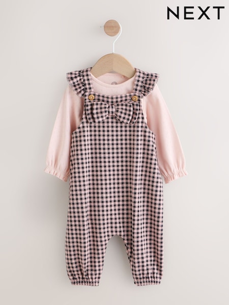 Pink / Chocolate Gingham Baby Long Sleeve Bodysuit and Dungarees 2 Piece Set (0mths-2yrs) (F67910) | €30 - €33