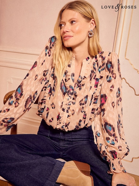 Animal bege - Love & Roses Notch Neck Long Sleeve Blouse (F67928) | R$ 415
