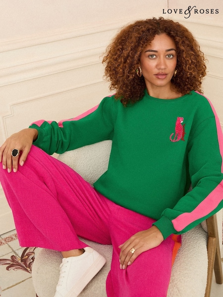 Love & Roses Green Leopard with Pink Stripe Jersey Sweatshirt (F67971) | R$ 315