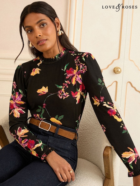 Love & Roses Black and Floral Print Frill Neck Long Sleeve Jersey Top (F67976) | R$ 215