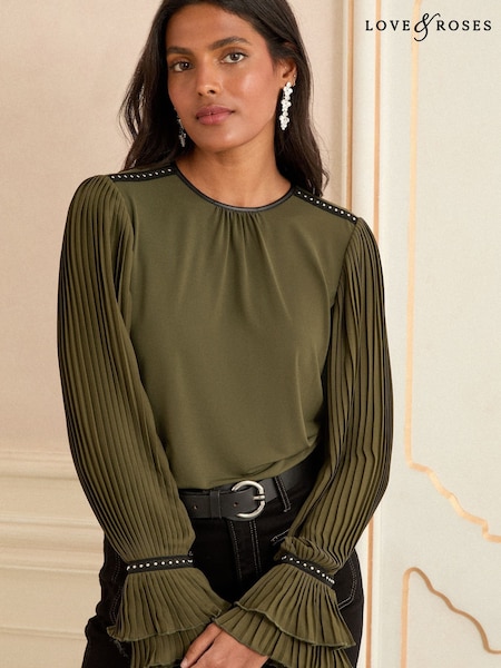 Love & Roses Olive Pleated Studded Long Sleeve PU Trim Top (F67979) | €40