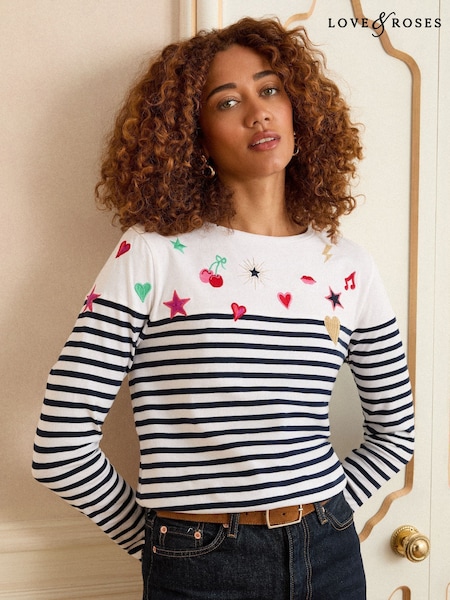Love & Roses Ivory Stripe Embroidered Top (F67982) | €39