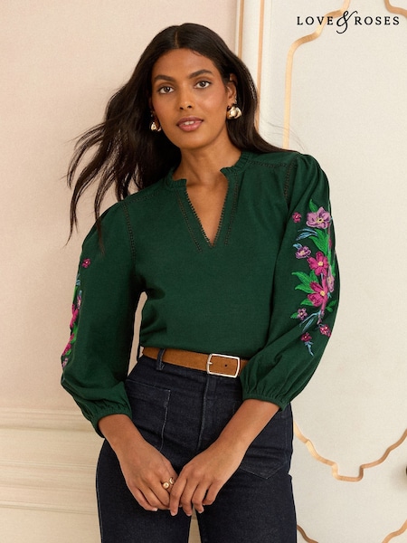 Love & Roses Forest Green Emroidered Sleeve Jersey Top (F67995) | 168 QAR