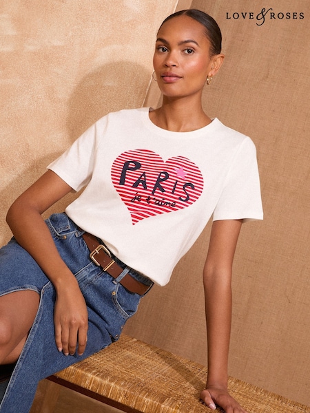 Pares de Marfim Heart - Love & Roses Slogan Jersey T-Shirt (F67997) | R$ 235