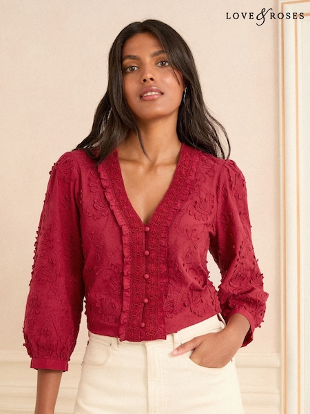 Rojo - Love & Roses 3D Floral Print 3/4 Sleeve V-Neckline Blouse (F68016) | 62 €