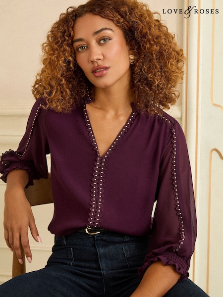 Vijolična - Love & Roses V-Neck Hardware 3/4 Sleeve Blouse (F68022) | € 50