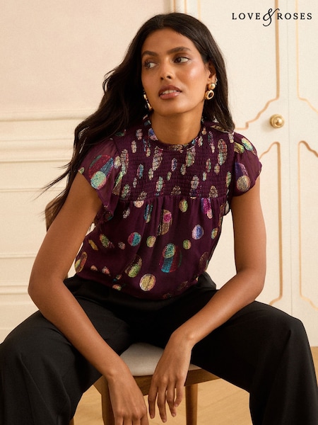 Love & Roses Purple Spot Petite Metallic Crew Neck Shell Top (F68024) | €57