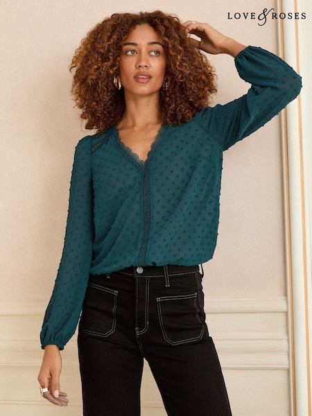 Love & Roses Teal Blue Petite V-Neck Lace Long Sleeve Dobby Blouse (F68030) | €50
