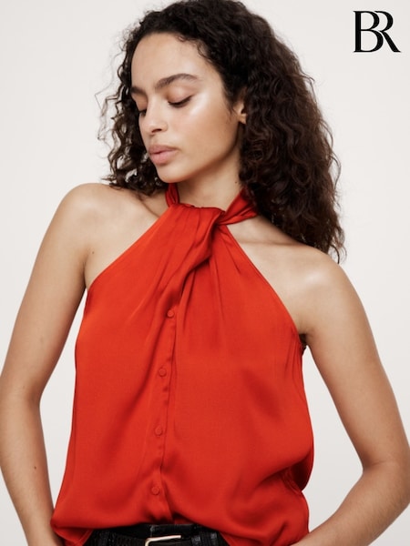 Banana Republic Red Hammered Satin Halter Button Down Top (F68100) | €92