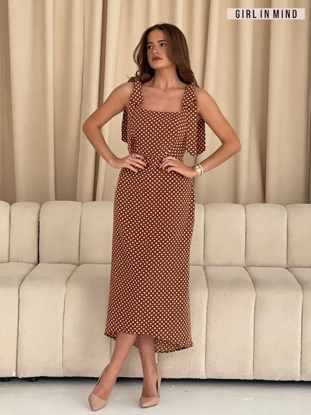 Girl In Mind Brown Jovi Tie Shoulder Frill Skirt Midi Dress (F68111) | € 84