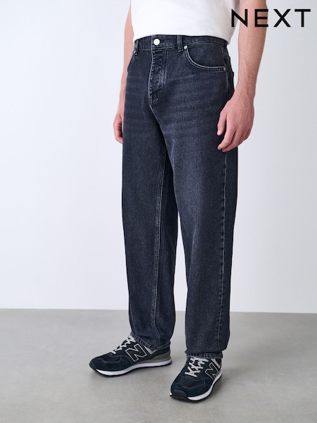 Black Relaxed Tapered Fit Vintage Wash Denim Jeans (F68300) | €46