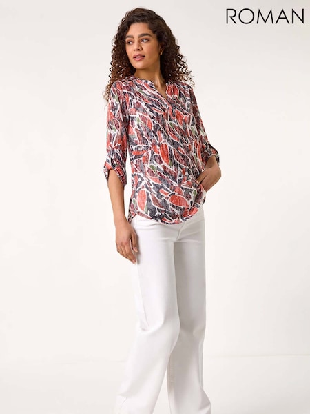 Roman Red Abstract Print Burnout V-Neck Shirt (F68337) | €56