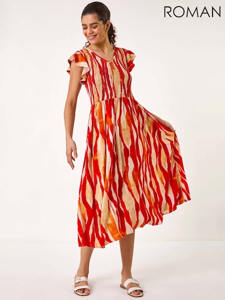 Roman Red Wave Print Shirred Midi Dress (F68338) | €69