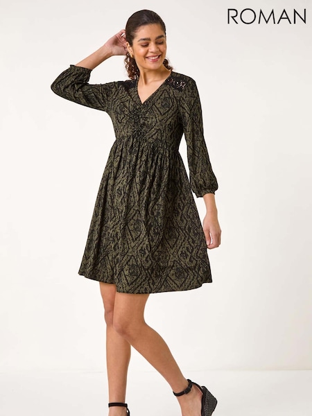 Roman Abstract Print Lace Trim Dress (F68340) | 372 LEI