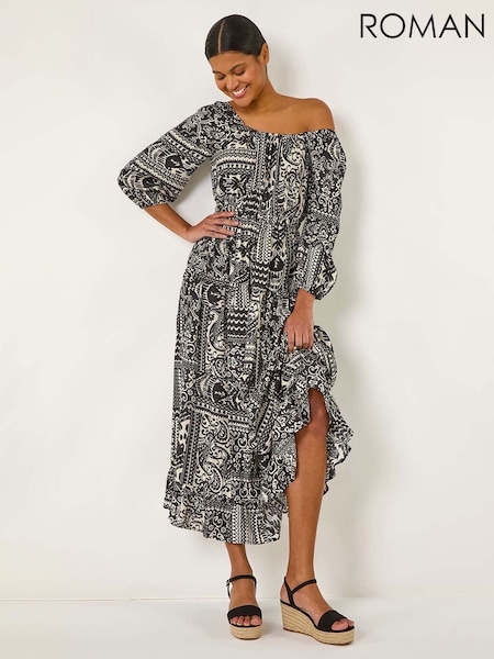Roman Black Abstract Print Shirred Midi Dress (F68345) | €63
