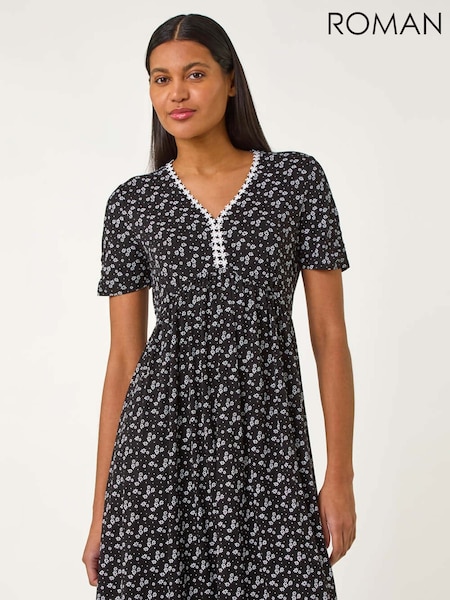 Roman Ditsy Floral Print Trim Dress (F68349) | 313 LEI