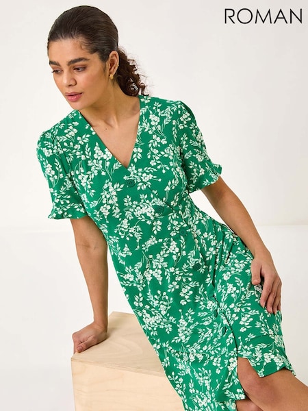 Roman Green Ditsy Floral Side Button Dress (F68351) | €64