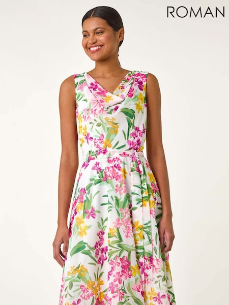 Roman White Floral Print Cowl Neck Dress (F68354) | €78