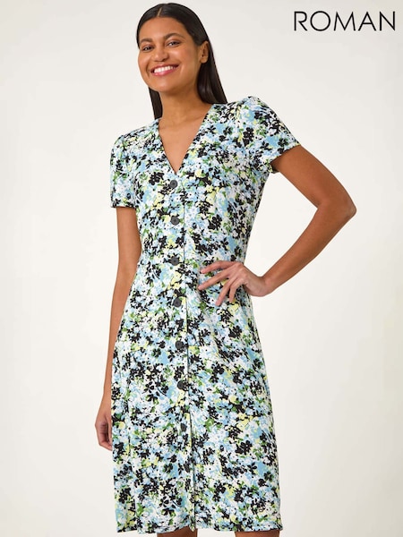Roman Blue Floral Print Button Through Stretch Dress (F68360) | €63