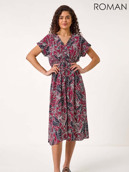 Roman Red Abstract Leaf Print Shirred Midi Dress (F68365) | €63