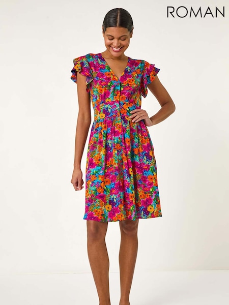 Roman Pink Floral Print Button Frill Dress (F68377) | 2,704 UAH