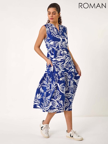 Roman Blue Leaf Print Tie Midi Dress (F68381) | €60